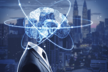 Close up of creative blue atom brain head businessman on blurry city background. Neurology,...