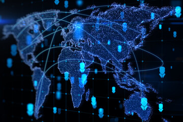 Abstract glowing map hologram on dark background. Digital world, transformation and future cyber space concept. 3D Rendering.