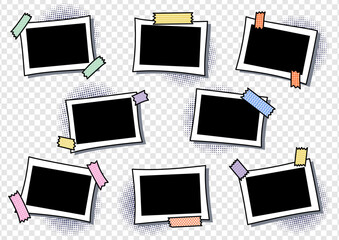 Set of horizontal photo frames in pop art style. Collection of photo frames in comic style for a photo album. Color stickers on frames. Template for the design of frames for photographs; posters; card