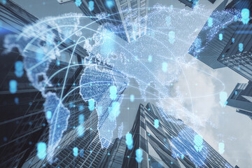 Creative glowing map hologram on blurry city backdrop. Digital world, transformation and future cyber space concept. Double exposure.