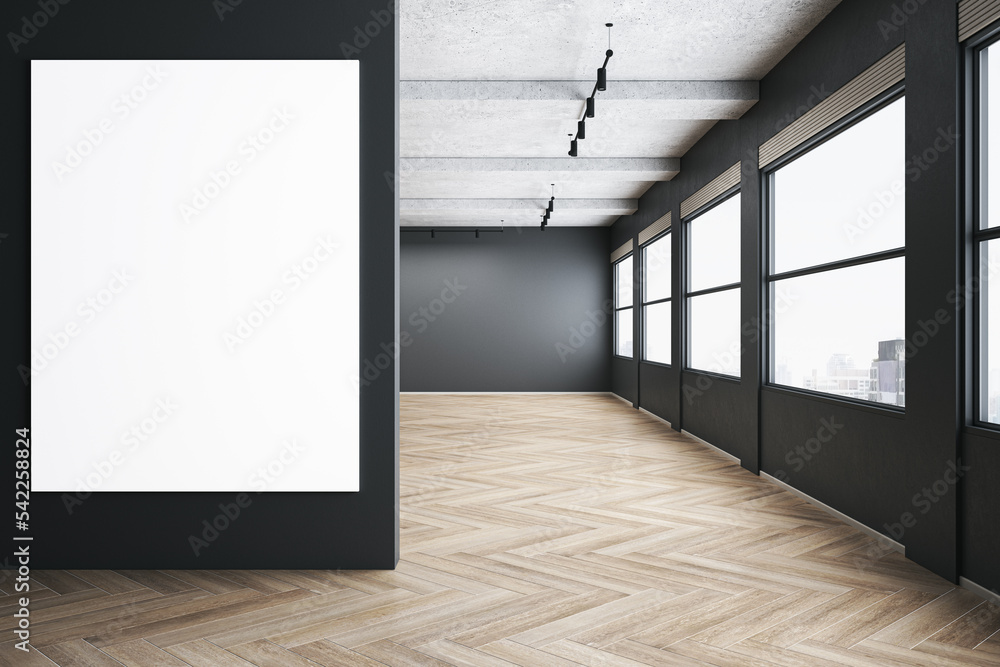 Aufkleber modern spacious concrete gallery interior with empty white mock up banner on wall, wooden flooring a