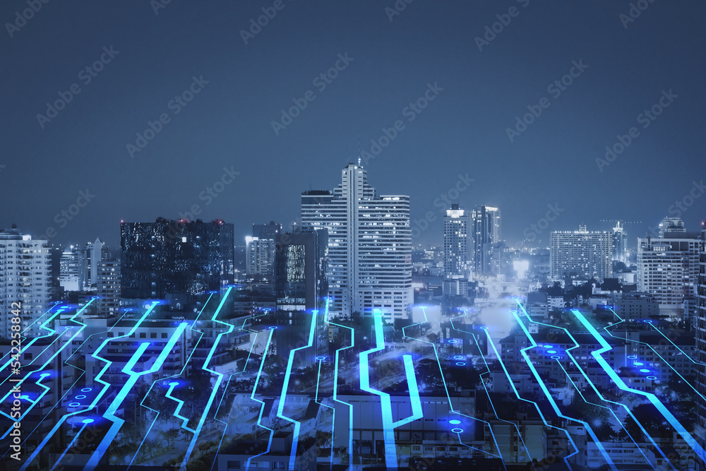 Poster abstract night circuit city texture with mock up place in sky. smart city, ai and digital transforma
