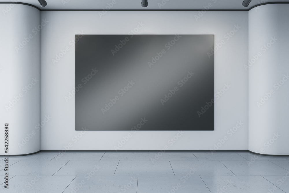 Aufkleber empty black banner hanging in simple light concrete gallery interior. mock up, 3d rendering.