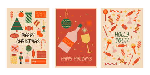 Naklejka premium Set of holiday greeting cards with christmas ornaments, sweets, tree, champagne, glass and gift boxes. Vector flat illustration. Holly jolly and happy holidays lettering quotes