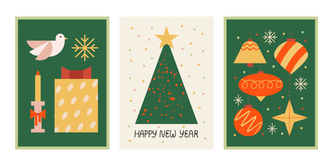 Fototapeta premium Set of christmas greeting cards with gift box, ornaments ball, bird and snowflakes. Vector holiday flat illustration. Happy new year lettering quote