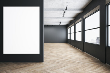 Modern spacious concrete gallery interior with empty white mock up banner on wall, wooden flooring...