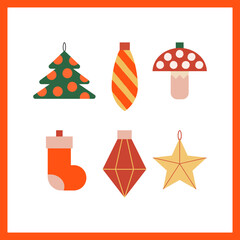 Fototapeta na wymiar Holiday greeting card with christmas ornaments, tree, star, mushroom and sock. Vector flat illustration