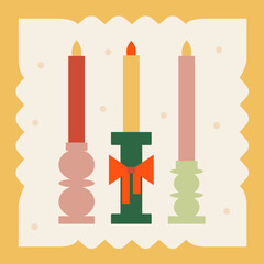 Holiday greeting card with candles and bow. Christmas vector flat illustration