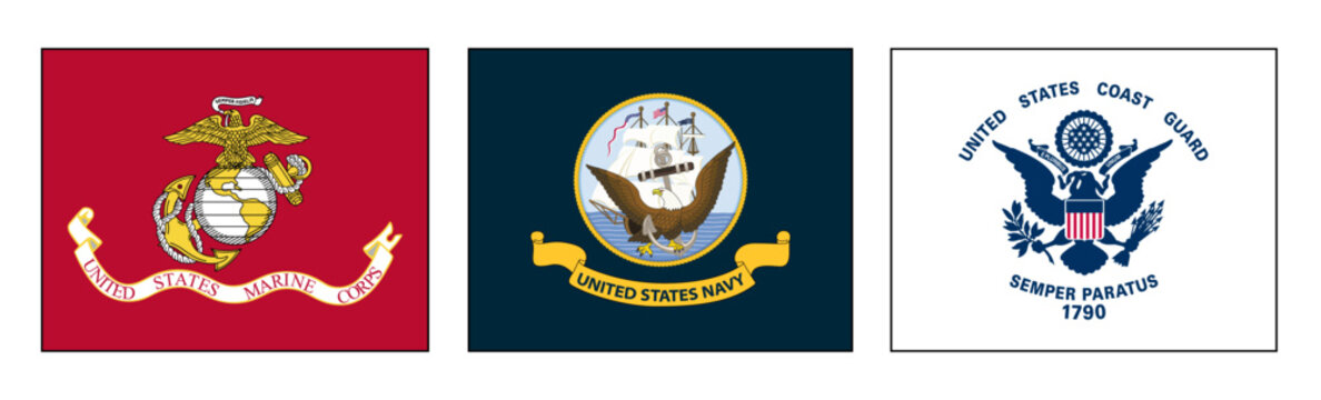 Vector flags of the United States Marine Corps. US Navy. US Coast Guard