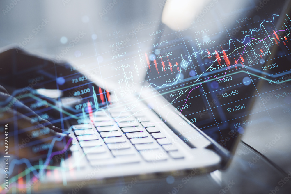 Poster Close up of female hands using laptop keyboard with creative candlestick forex chart index hologram on blurry background. Trade, business market and finance analysis concept. Double exposure.