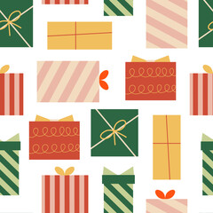 Christmas seamless pattern with various holiday gift boxes. Holiday vector background