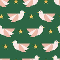 Seamless pattern with cute white pigeons and stars. Christmas vector background with birds.