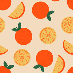 Seamless pattern with oranges and lemons. Cute vector background with textures. Tropical fruits illustration