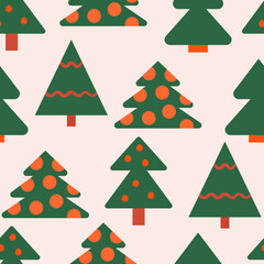 Holiday seamless pattern with christmas trees and red dots and lines. Vector background