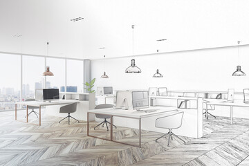 Fototapeta premium Stylish office interior half sketch. Designer interiors and blueprint concept. 3D Rendering.