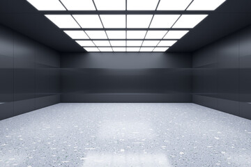 Front view on black interior empty room with blank floor for product presentation or car background with illuminated LED lamps on top. 3D rendering, mockup