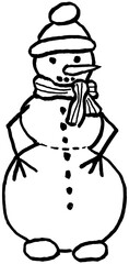 Rough hand-drawn simple outline black and white icon of snowman in hat and scarf. Winter holiday vector doodle isolated on transparent background. Illustration for kids coloring page
