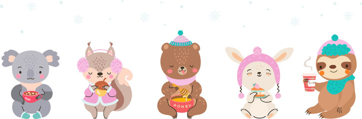 Eating and drinking cute cartoon animals. Koala, bunny, bear, sloth and squirrel isolated. Wild animal hold sweet cake and coffee, hot chocolate. Vector childish characters