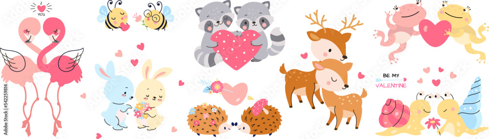 Poster cute animal couples in love. valentines day loving animals with hearts. deer and bee, romantic bunny