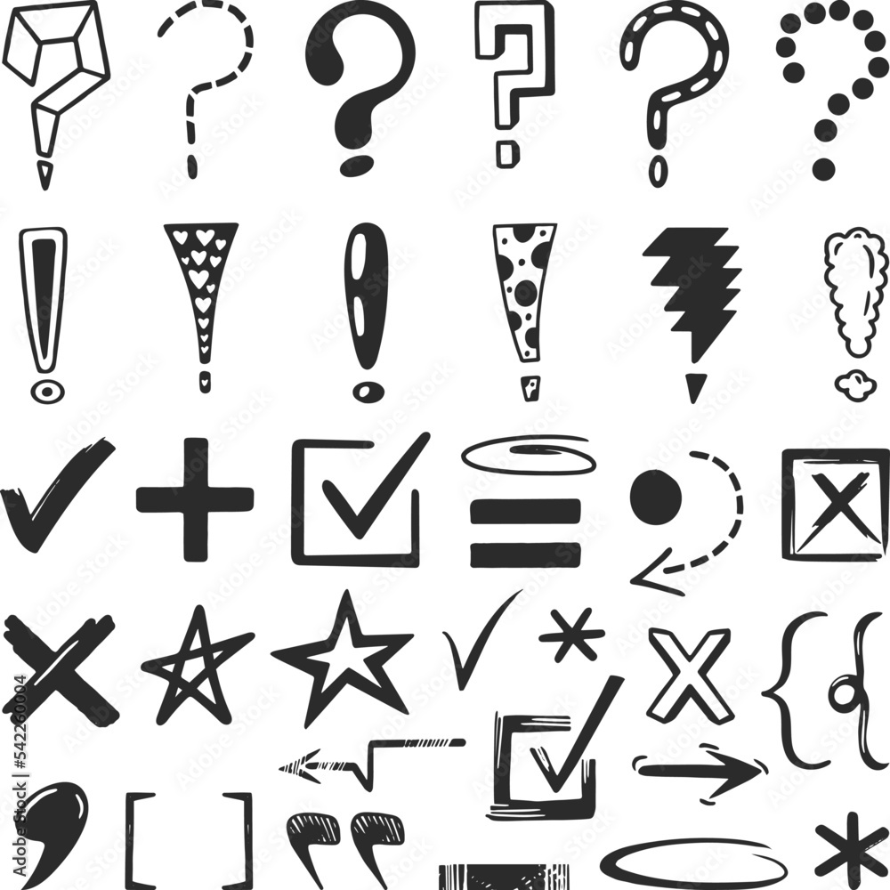 Poster doodle marks and signs. sketch question, exclamation sign. grunge doubt and check elements. tick mar