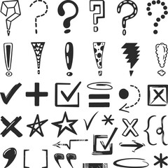 Doodle marks and signs. Sketch question, exclamation sign. Grunge doubt and check elements. Tick markers, yes and no, brackets neoteric vector set