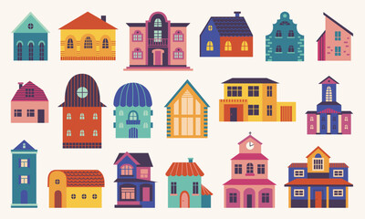 Doodle flat home. Different houses, front exterior little house. Hygge colorful tiny village buildings. Scandinavian style city street architecture, neoteric vector set