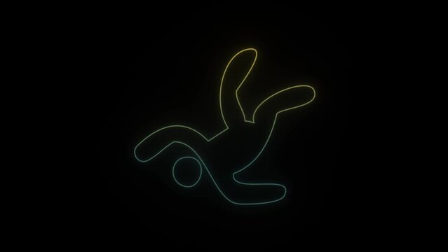 Glowing neon falling man icon on black background. man falls with a parachute. 4K video animation for motion graphics and compositing.