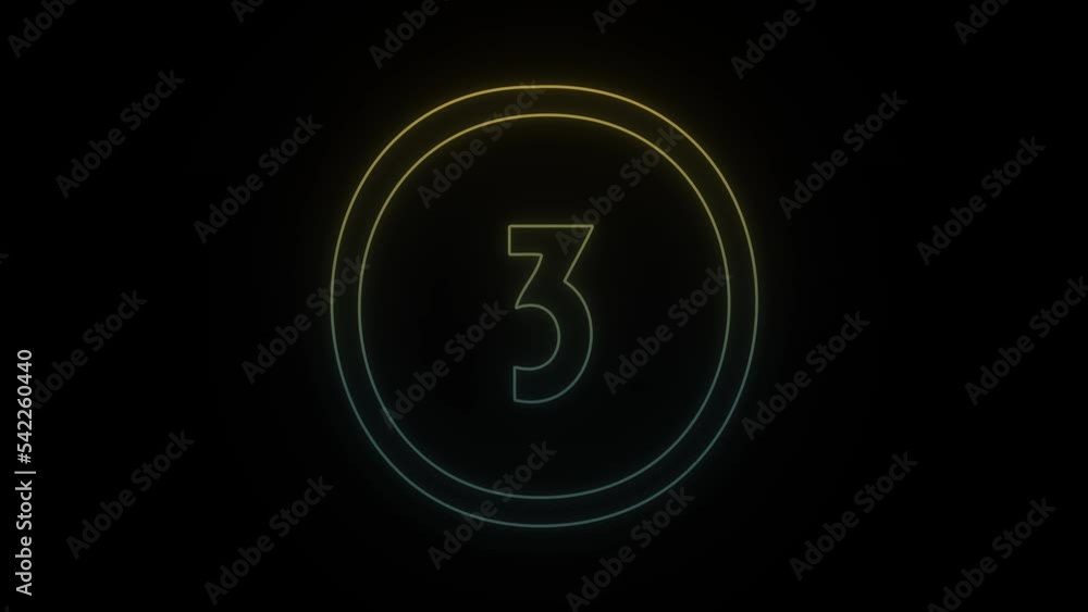 Poster glowing neon three icon on black background. simple numbers for sports counting. records of athletes