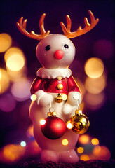 Christmas 3D illustration. Red nosed Reindeer. Bokeh lights. Studio Lighting.