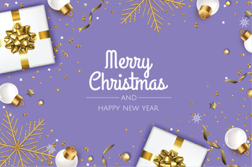 Fototapeta na wymiar Happy New Year and Merry Christmas. Christmas background with realistic gift box, white balls and shiny golden confetti. Christmas poster, holiday banner
