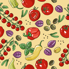 Tomatoes, bunch of cherry tomatoes, olives olive leaves, pepper, basil leaves seamless pattern