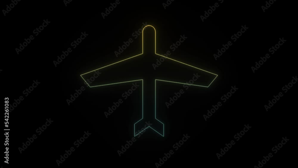 Poster glowing neon plane icon on black background. movement between continents. 4k video animation for mot