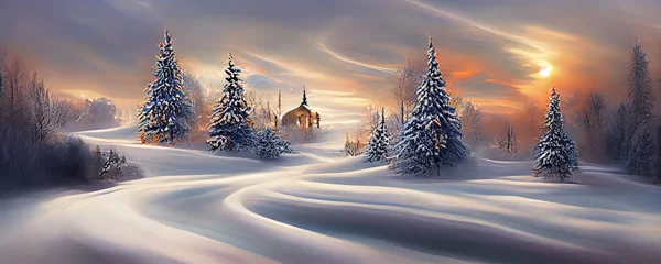 Fototapeten Märchenhafte Winterlandschaft Hintergrundbild mit Schnee und Bäume in einer epischen Lichtstimmung, Winter Wunderland © Stephan