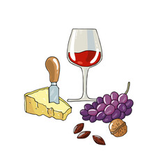 A glass of red wine, a piece of parmesan, knife, almonds, a walnut and a bunch of grapes isolated on white background 