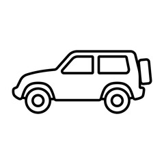 SUV icon. Off-road car. Black contour linear silhouette. Side view. Editable strokes. Vector simple flat graphic illustration. Isolated object on a white background. Isolate.