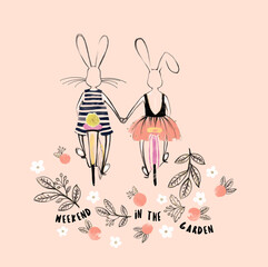 Cute couple of bunny riding bicycle. Childish print for fabric, t-shirt, poster, card, sticker, toys, baby shower. Rabbit Illustration with flowers and text slogan. Cute bunny print or embroidery 