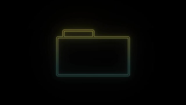 Glowing neon folder icon on black background. storing files on your computer. 4K video animation for motion graphics and compositing.