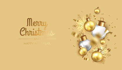 Fototapeta na wymiar Falling shiny golden confetti and gold christmas balls, gold christmas elements