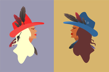 Two cowboys women. In hats, faces in profile.Blonde and brown-haired.
