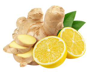 Ginger and Lemon isolated on white background, clipping path, full depth of field