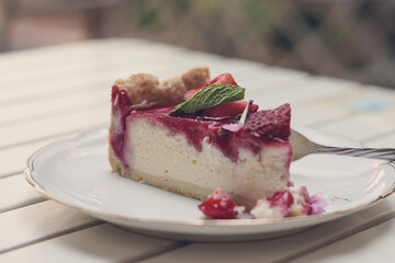 strawberry cheesecake in a cafe