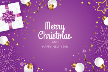 Fototapeta na wymiar Happy New Year and Merry Christmas. Christmas background with realistic gift box, white balls and shiny golden confetti. Christmas poster, holiday banner