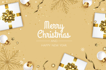 Fototapeta na wymiar Merry Christmas and Happy New Year poster or banner with white gift box, christmas ball and gold christmas element