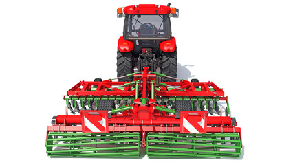 Fototapeta premium Tractor with Disc Harrow farm equipment 3D rendering on white background