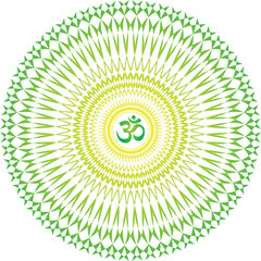 Openwork elegant mandala in green and yellow colors on a white background. The sign aum, om, ohm in the center is green. Vector graphics.