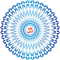 Openwork circle elegant mandala in blue colors on a white background. The sign aum, om, ohm in the center is yellow. Vector graphics.