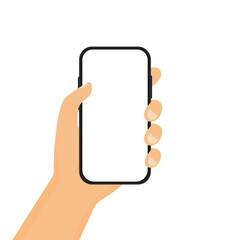 A hand holding a phone on an isolated white background. Vector illustration