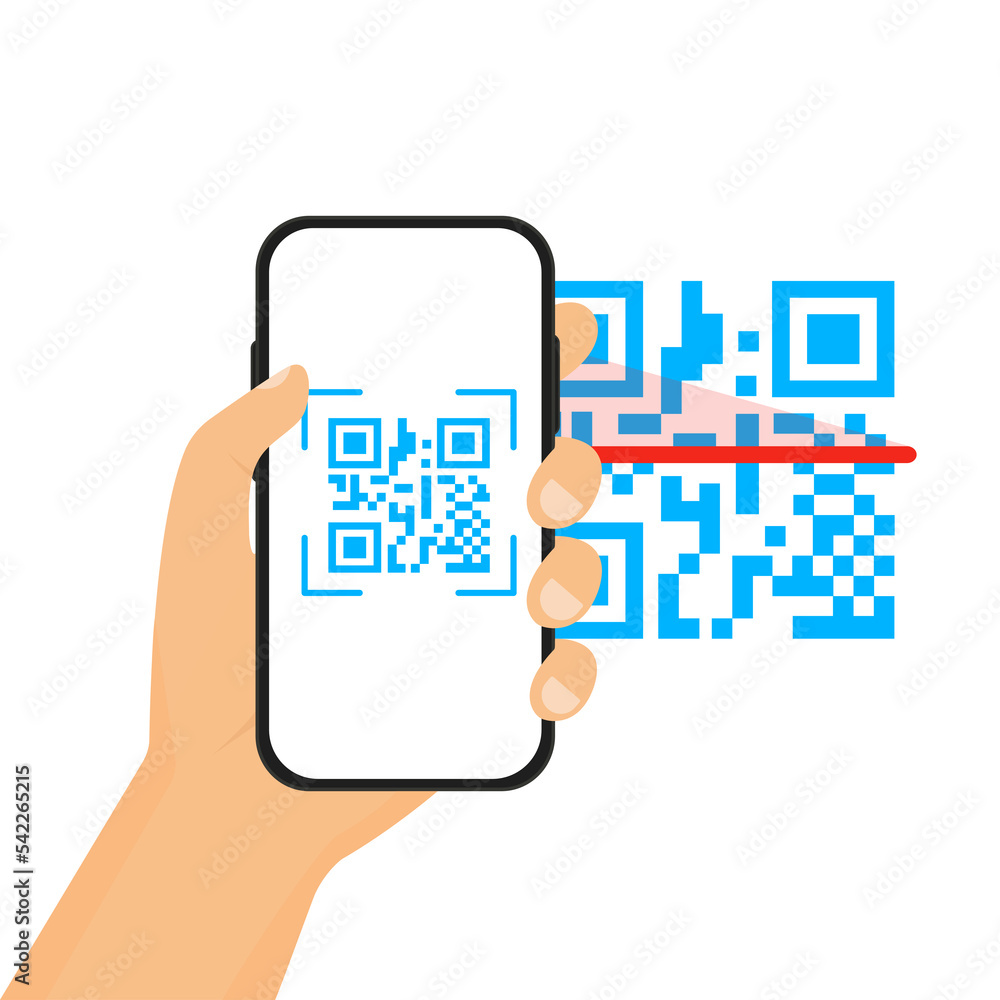 Aufkleber icon of a hand holding a phone with a qr code and scanning the qr code. vector illustration