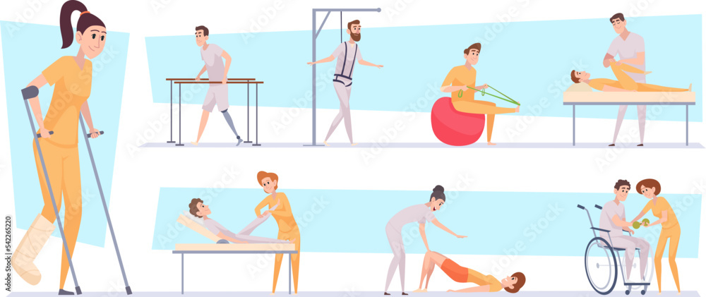 Wall mural Rehabilitation. Disabled people medical treatment and physiotherapy exact vector illustration in cartoon style