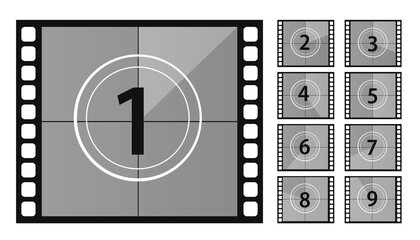 Set of film tape countdown from 1 to 9, retro film on white isolated background. Vector illustration